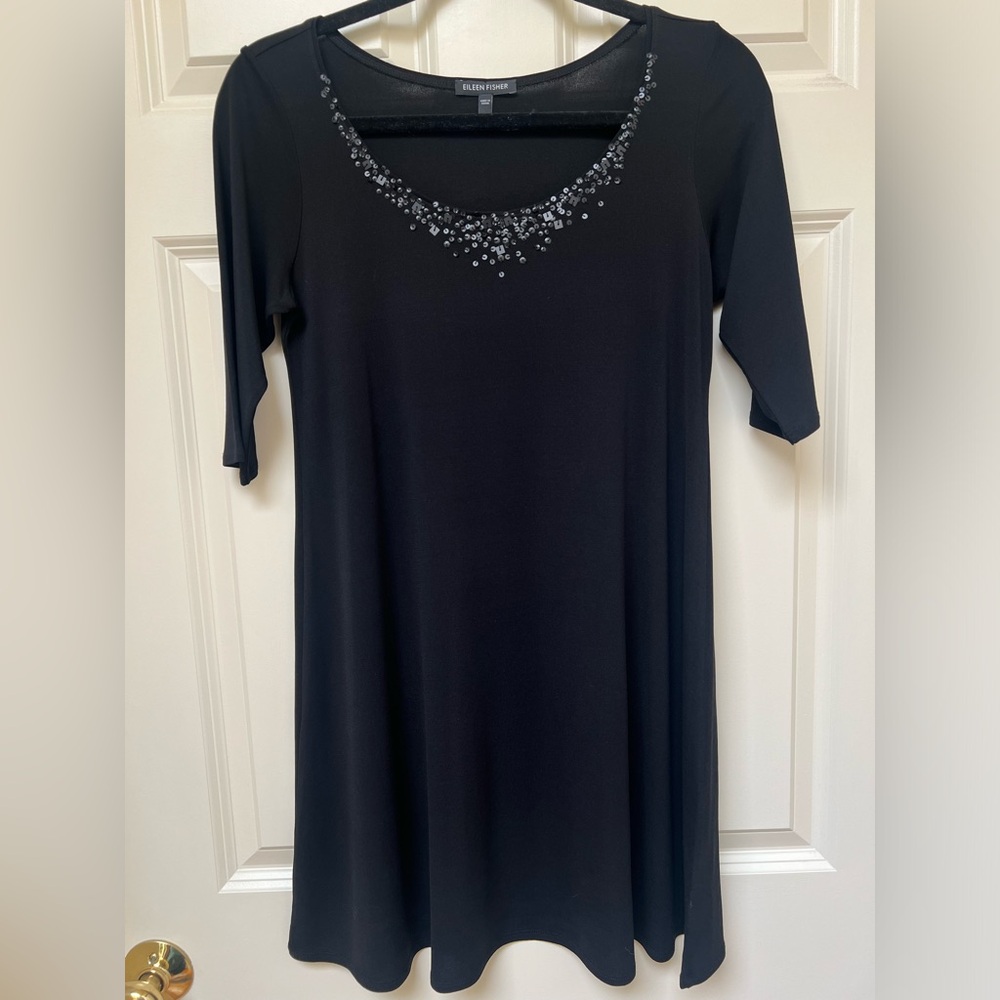 Eileen Fisher 100% Silk Beaded Sequin Collar Tunic Top